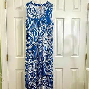 Chico's Ikat Floral Blue and White Sleeveless V-Neck Summer Maxi Dress Size L